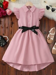 女孩荷葉邊高低下擺腰帶襯衫洋裝 - 粉色 - 查看 1