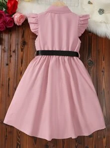 女孩荷葉邊高低下擺腰帶襯衫洋裝 - 粉色 - 查看 2