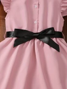 女孩荷葉邊高低下擺腰帶襯衫洋裝 - 粉色 - 查看 5