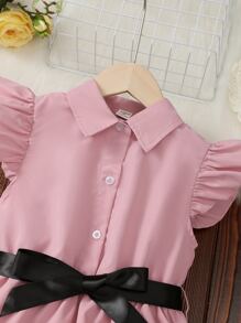 女孩荷葉邊高低下擺腰帶襯衫洋裝 - 粉色 - 查看 6