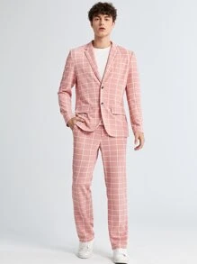 Manfinity RebelGame Men Grid Print Single Breasted Blazer & Trousers Set - Coral Pink - View 1