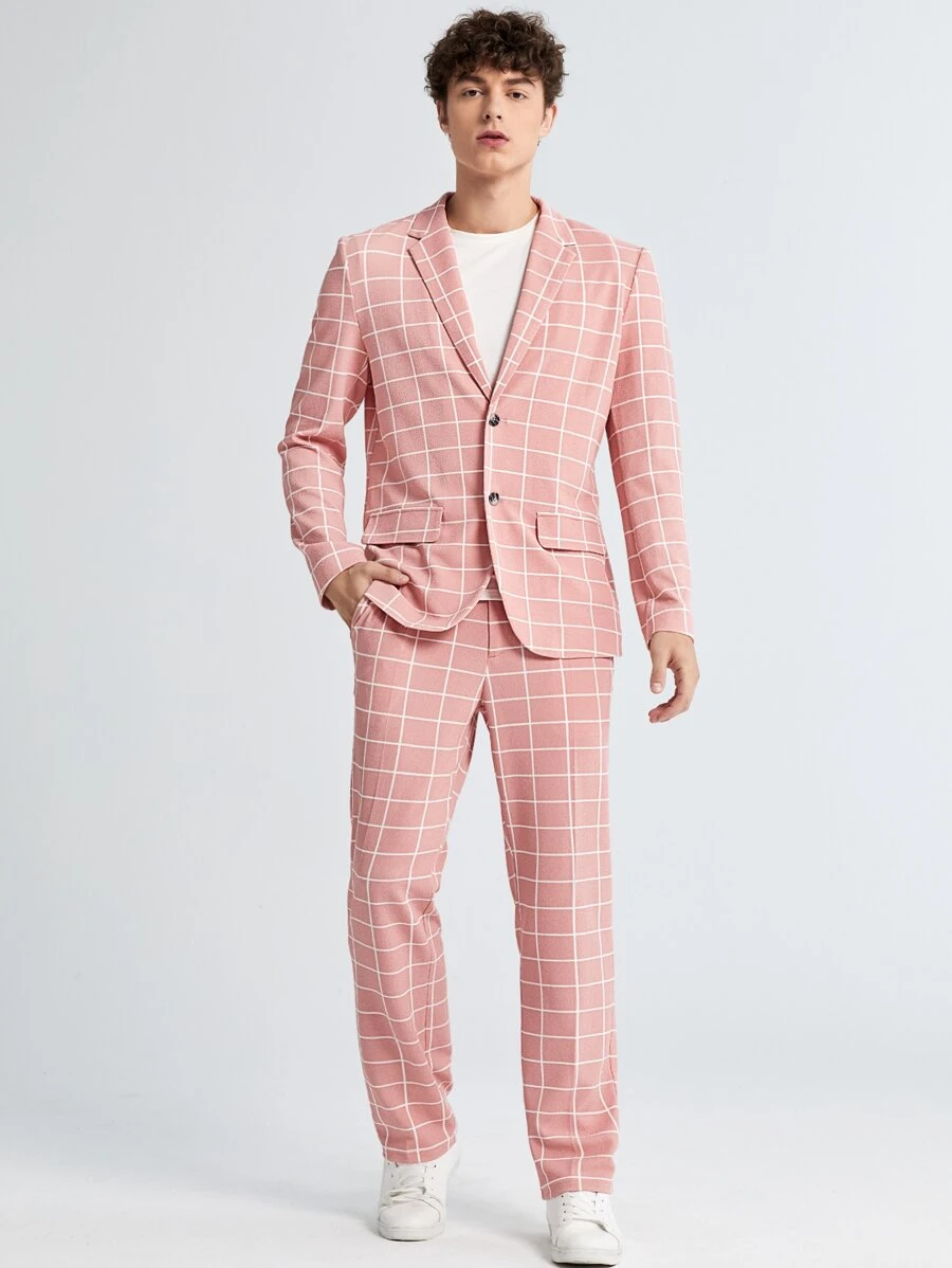 Manfinity RebelGame Men Grid Print Single Breasted Blazer & Trousers Set - Coral Pink - View 1