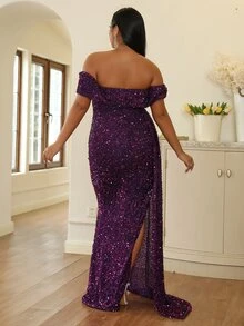seomiscky Plus Off Shoulder Draped Side Split Thigh Sequin Formal Dress - Purple - View 2