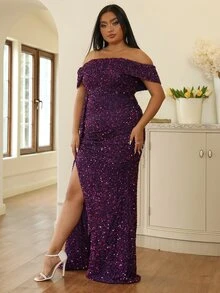seomiscky Plus Off Shoulder Draped Side Split Thigh Sequin Formal Dress - Purple - View 6
