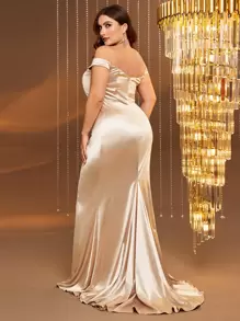 Plus Off Shoulder Ruched Split Thigh Satin Formal Dress Elegant Prom Evening Wedding Guest Gown, For Graduation, Dinner - Champagne - View 2