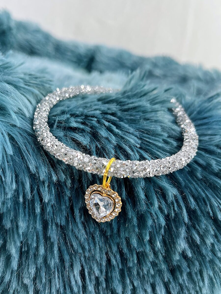 1 pieza Collar para mascotas con diamante de imitación con accesorio de corazón - Plateado - Ver 1