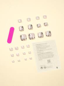 Actualice instantáneamente su aspecto con 24 piezas de uña postiza cuadrado corto blanco sólido patrón de hoja y 1 lima de uñas y 1 hoja de cinta - Multicolor - Ver 2