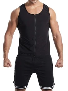 Men Zipper Front PU Polyurethane Sports Tank Top - Blue - View 2