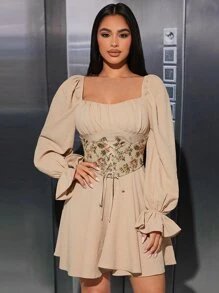 SHEIN PETITE Đầm Ren lên Xù Dây kéo áo nịt Nếp gấp Phần Ngực Hoa Thanh lịch - Màu be - Xem 1