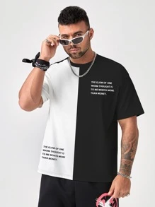 Manfinity Homme 男士雙色標語圖案T恤 - 黑與白 - 查看 3