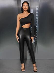 SHEIN PETITE Zip Fly PU Leather Skinny Going Out Black Pants - Black - View 3