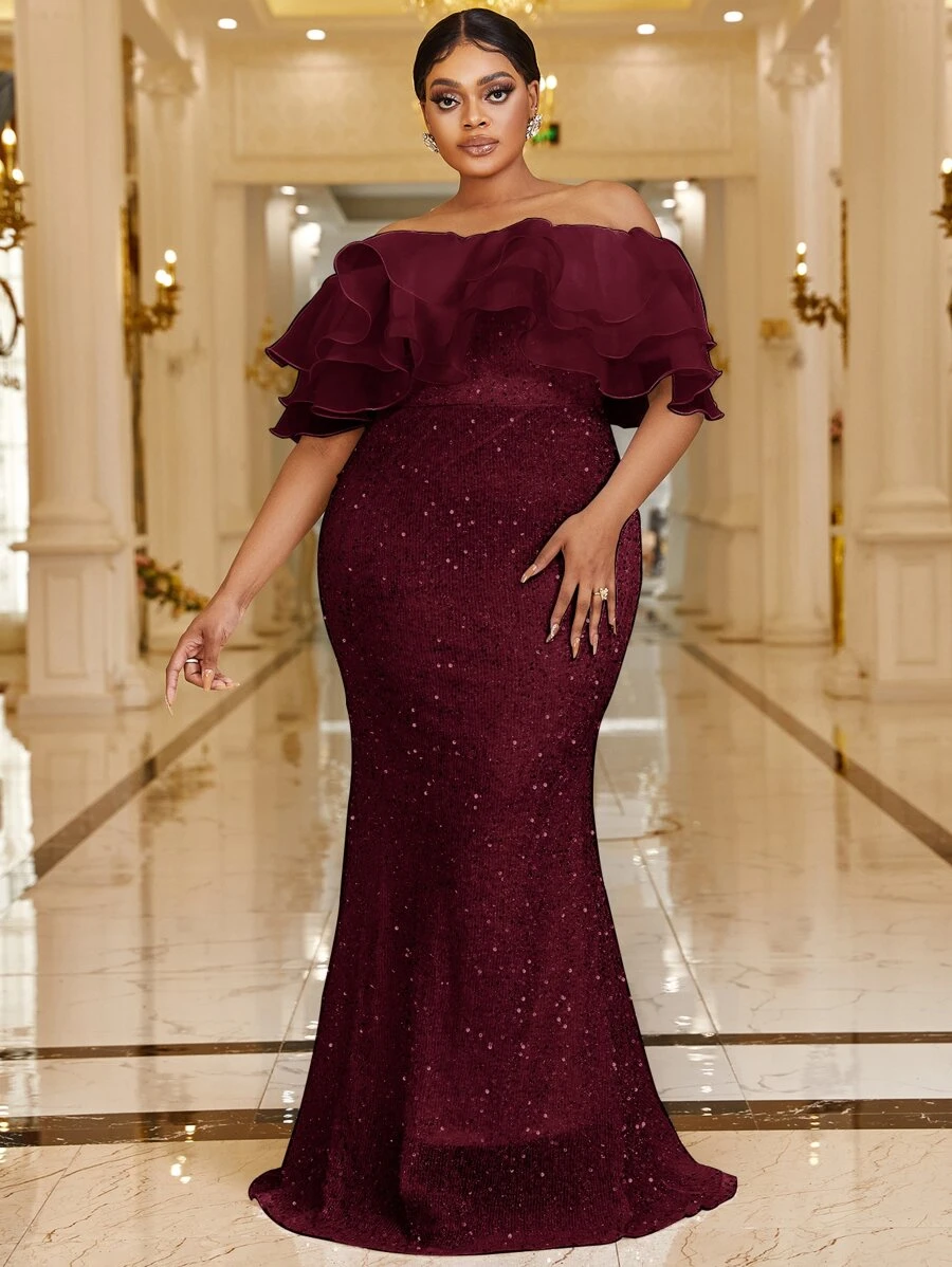 YISIKADO Plus Off Shoulder Layered Trim Sequin Formal Dress - Maroon - View 1