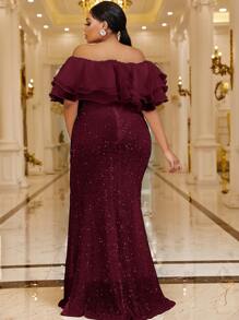YISIKADO Plus Off Shoulder Layered Trim Sequin Formal Dress - Maroon - View 2