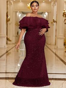 YISIKADO Plus Off Shoulder Layered Trim Sequin Formal Dress - Maroon - View 3