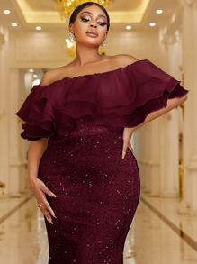 YISIKADO Plus Off Shoulder Layered Trim Sequin Formal Dress - Maroon - View 4