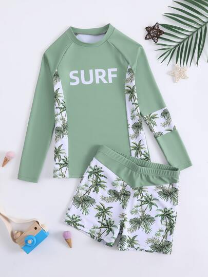 Traje De Baño Para La Playa Con Estampado De Letras Y Tropicales Para Niños Mayores