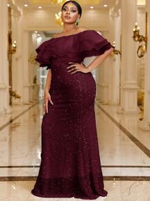 YISIKADO Plus Off Shoulder Layered Trim Sequin Formal Dress - Maroon - View 5