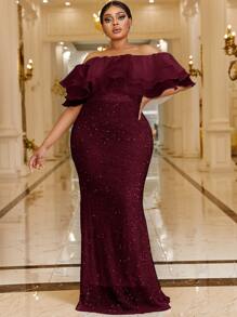 YISIKADO Plus Off Shoulder Layered Trim Sequin Formal Dress - Maroon - View 6