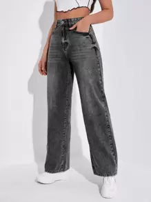 Quần jean nữ Túi Dây kéo Nút màu trơn - Màu xám đen - Xem 1