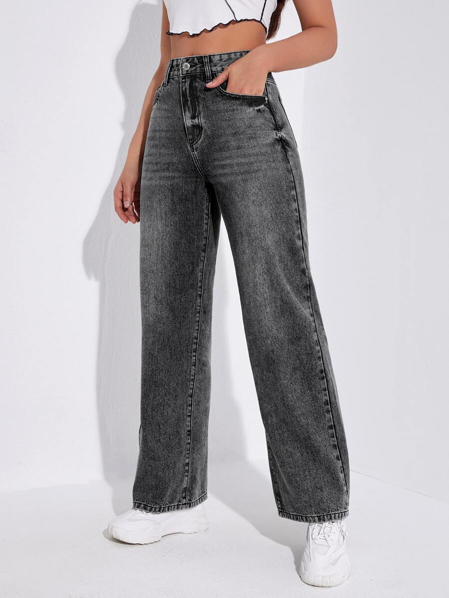 Quần jean nữ Túi Dây kéo Nút màu trơn - Màu xám đen - Xem 1