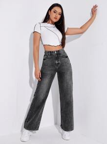 Quần jean nữ Túi Dây kéo Nút màu trơn - Màu xám đen - Xem 6