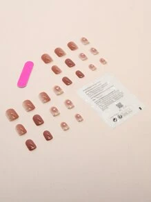 24pcs Short Square Heart Pattern Fake Nail & 1sheet Tape & 1pc Nail File - Multicolor - View 2