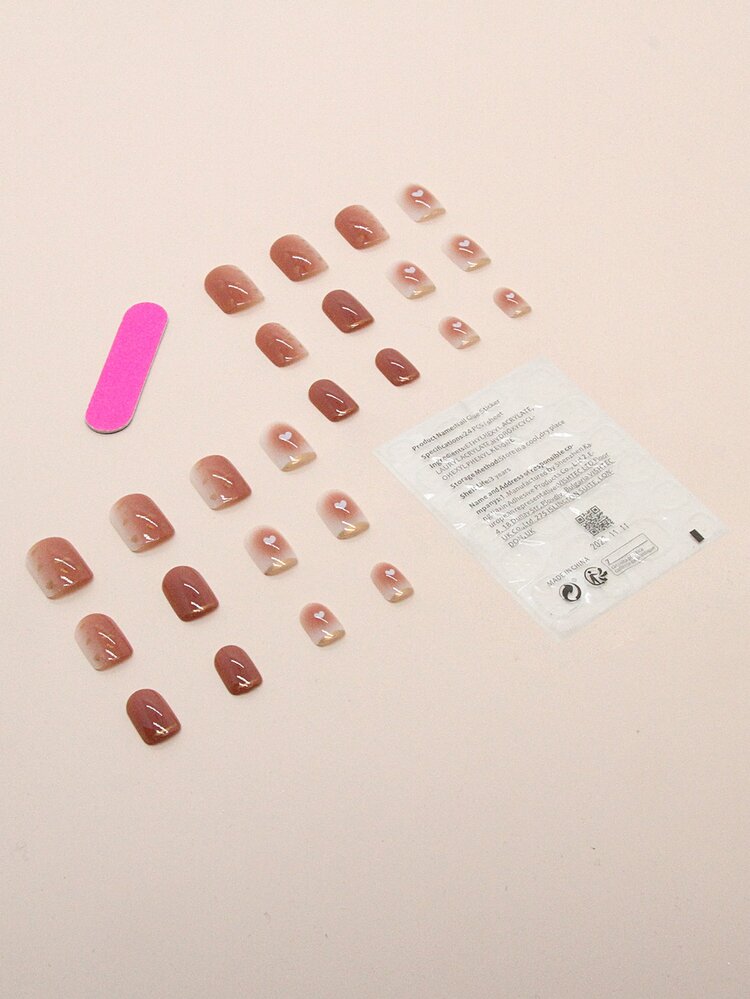 24 piezas Uña postiza corto cuadrado con patrón de corazón & 1 hoja cinta & 1 pieza lima de uña - Multicolor - Añade 2