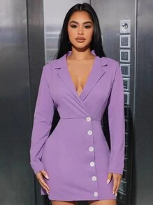 SHEIN PETITE Lapel Collar Button Front Fitted Dress - Lilac Purple - View 1