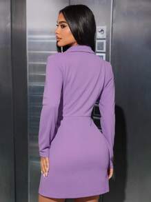 SHEIN PETITE Lapel Collar Button Front Fitted Dress - Lilac Purple - View 2