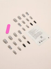 轉換你指甲片帶24入組長款棺材黑色灰色漸層銀邊大理石紋樣式假指甲和1張膠帶和1入組指甲銼