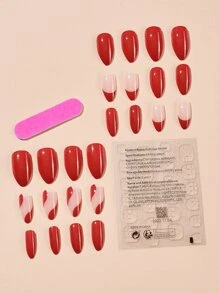 Get Glamorous With 24pcs Long Almond Red Plain French Colorblock Fake Nail & 1pc Nail File & 1pc Nail Tape