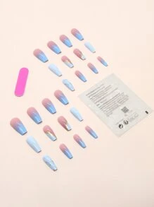 使用24入組長棺材藍色漸變亮片大理石圖案假指甲和1張指甲膠帶和1入組指甲銼打造迷人魅力 - 彩色 - 查看 2