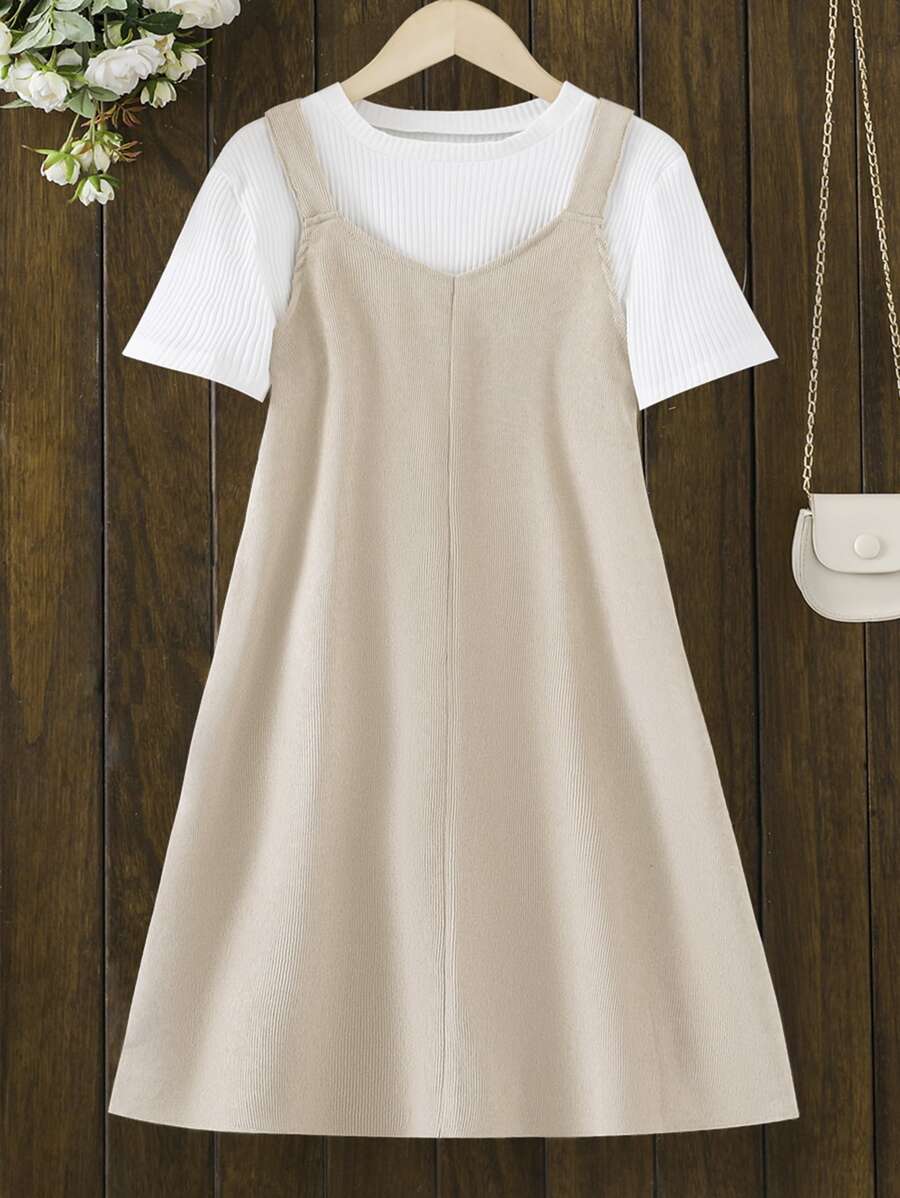 Girls 1pc Solid Corduroy Pinafore Dress - Beige - View 1
