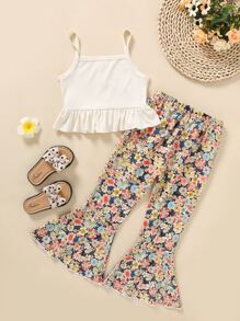 Toddler Girls Ruffle Hem Cami Top & Floral Print Bow Flare Leg Pants - Multicolor - View 2