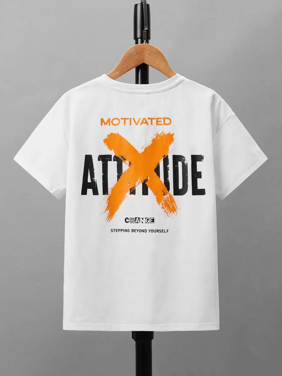 SHEIN 男童标语印花落肩T恤，简约舒适，适合日常夏季穿着 - 白色 - 查看 1