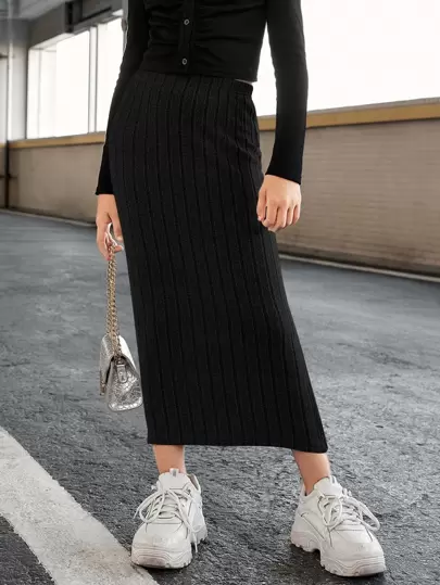 SHEIN Tween 女童纯色针织高腰修身简约 A 字裙