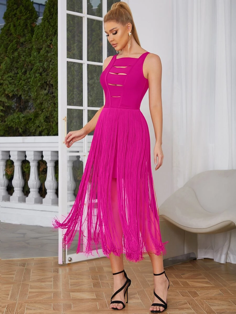 Cut Out Fringe Hem Dress - Hot Pink - View 1