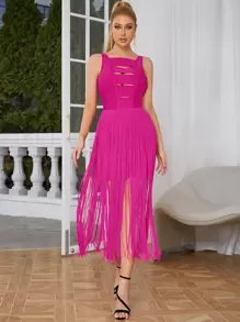 Cut Out Fringe Hem Dress - Hot Pink - View 3