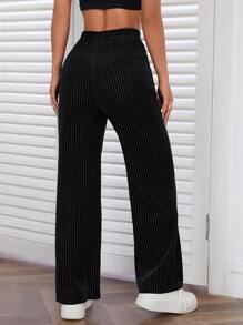 SHEIN PETITE 羅紋絲絨闊腿褲 - 黑色 - 查看 2