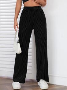 SHEIN PETITE 羅紋絲絨闊腿褲 - 黑色 - 查看 3