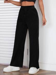 SHEIN PETITE 羅紋絲絨闊腿褲 - 黑色 - 查看 5