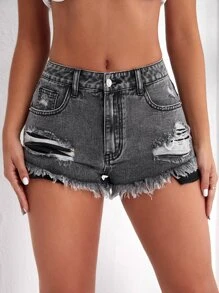 SHEIN Essnce Ripped Raw Hem Denim Shorts - Grey - View 4