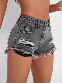 SHEIN Essnce Ripped Raw Hem Denim Shorts - Grey - View 5