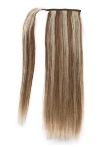 1 pieza Extensión de cabello postizo de cabello humano Remy real con densidad del 150%, color rubio claro mezclado con marrón dorado, extensión de cola de caballo con envoltura - Color de piano - Ver 4