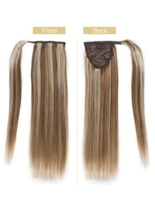 1 pieza Extensión de cabello postizo de cabello humano Remy real con densidad del 150%, color rubio claro mezclado con marrón dorado, extensión de cola de caballo con envoltura - Color de piano - Ver 5