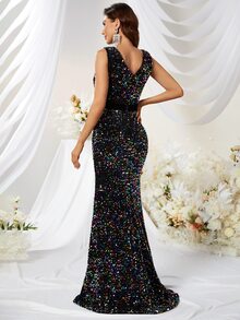 YISIKADO 魚尾裙下擺腰帶亮片正式連衣裙 - 黑色 - 查看 3