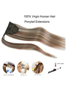 1 pieza Extensión de cabello postizo de cabello humano Remy real con densidad del 150%, color rubio claro mezclado con marrón dorado, extensión de cola de caballo con envoltura - Color de piano - Ver 8