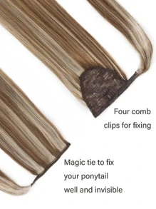 1 pieza Extensión de cabello postizo de cabello humano Remy real con densidad del 150%, color rubio claro mezclado con marrón dorado, extensión de cola de caballo con envoltura - Color de piano - Ver 6