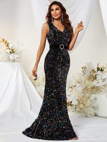 YISIKADO 魚尾裙下擺腰帶亮片正式連衣裙 - 黑色 - 查看 6