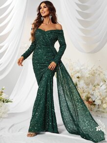 YISIKADO Off Shoulder Draped Sequin Formal Dress, Elegant Long Sleeve Prom Evening Wedding Guest Gown, For Graduation, Dinner - Dark Green - View 2